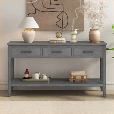 62,2 po pin & amp; Table basse en panneau de fibres à densité moyenne avec 3 tiroirs, surface facile à nettoyer et Rangement peu encombrant pour le salon