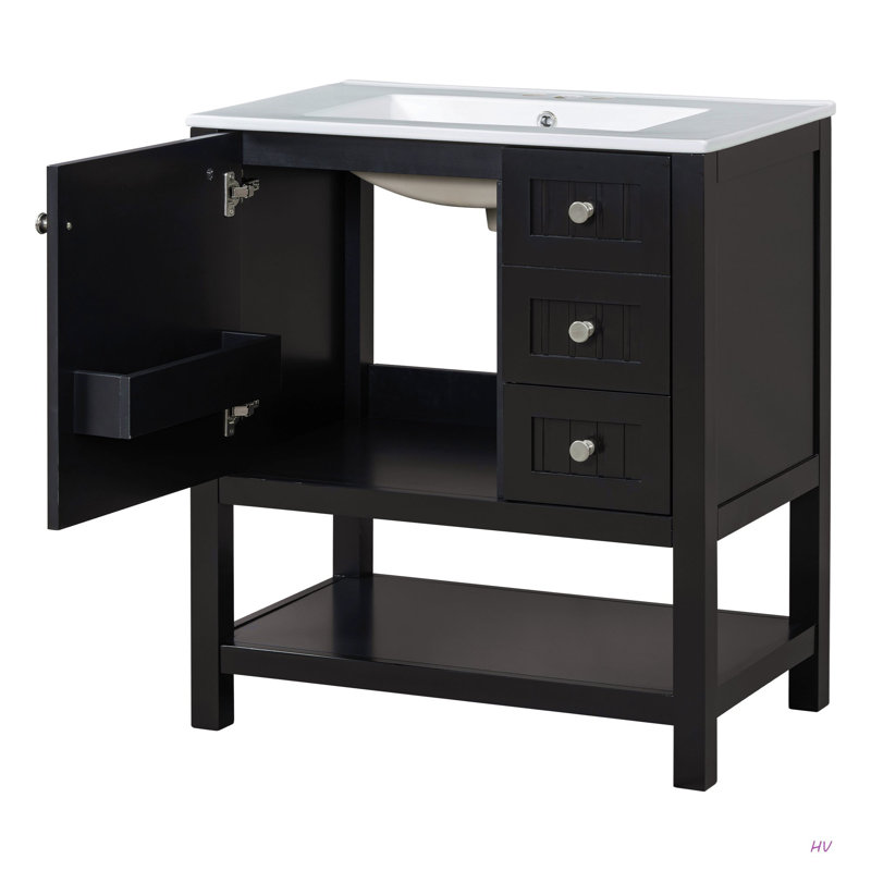 Armoire de meuble-lavabo de style transitionnel 30 po avec lavabo en céramique, Noir
