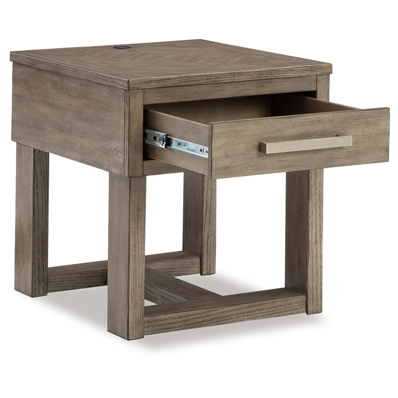 Transitional Brown and White Wood End Table with Storage and USB Charging