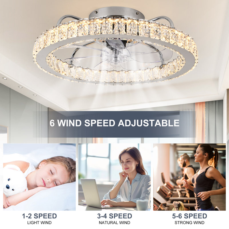 50cm Dimmable Crystal Ceiling Fan with LED Light and Remote Control and APP, Chrome