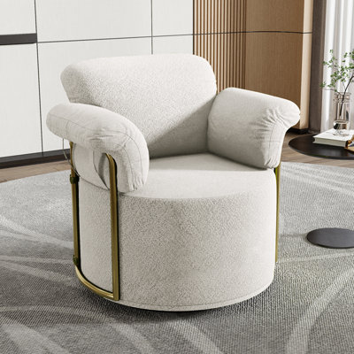 360 Degree Barrel Swivel Accent Sofa Chair,Fluffy Fabric Lounge Wide Upholstered Reading Chair with Gold Metal Legs, Comfortable Round Armchair for Living Room,Bedroom,Office