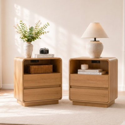 Modern Nightstand Set of 2 with Charging Station, Wood Bedside Table with 2 Drawers, Night Stands for Bedroom
