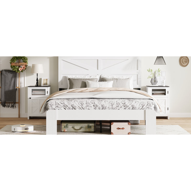 Structure de lit avec tête de lit, plateforme en bois, conception silencieuse, aucun sommier requis, assemblage facile, grand rangement, blanc