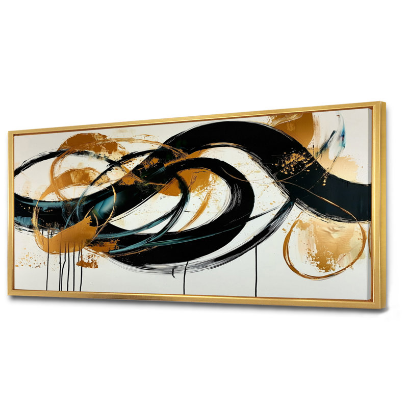 «Gold», jeu optique en spirale I noir - Constructivisme, art mural, H 28 po x l 60 po, Cadre flottant, Doré