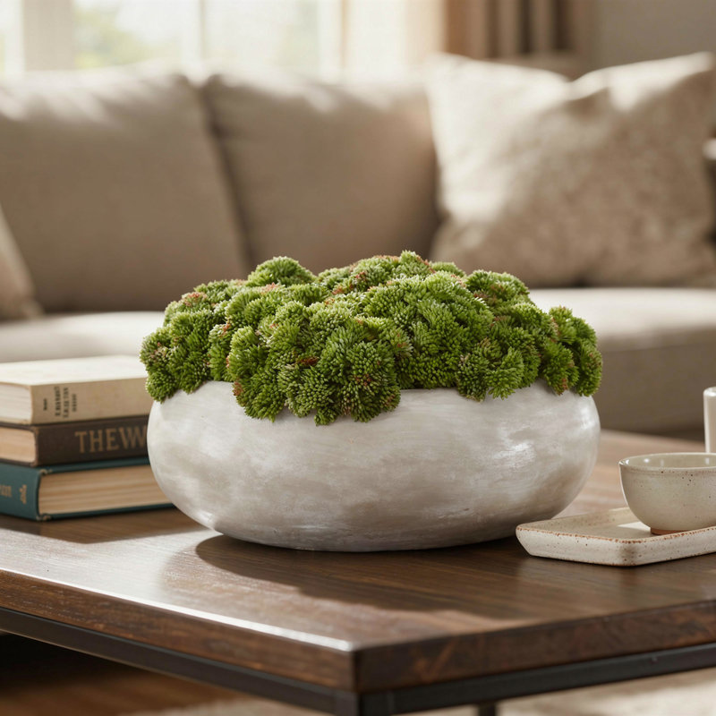 Sedum disposée dans un pot de fleurs en pierre, Vert clair, H 7 po x l 11 po x P 11 po