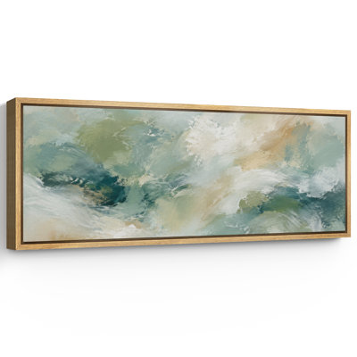Sage Green Teal Cream And Sand Organic Brushstroke Abstract Artwork, Living Room Pictures, Framed Canvas Giclee Print 3 Pieces Wall Art