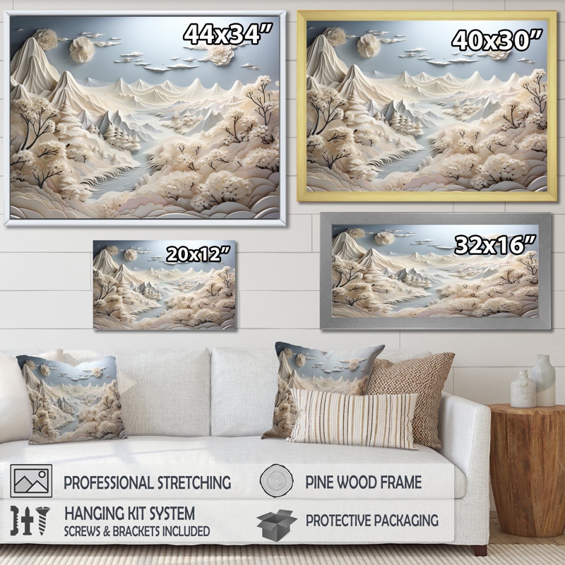 Abstrait Snowy Winter Mountains II - Paysage abstrait, art mural, Cadre flottant doré, H 24 po x l 32 po x P 1 po