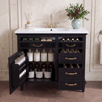 Meuble-lavabo autoportant en peuplier 36 po avec lavabo en céramique, tiroirs rabattables et tablette réglable 36 po