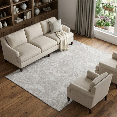 Tapis lavable en cachemire taupe et ivoire 8 pi x 10 pi avec protection UV