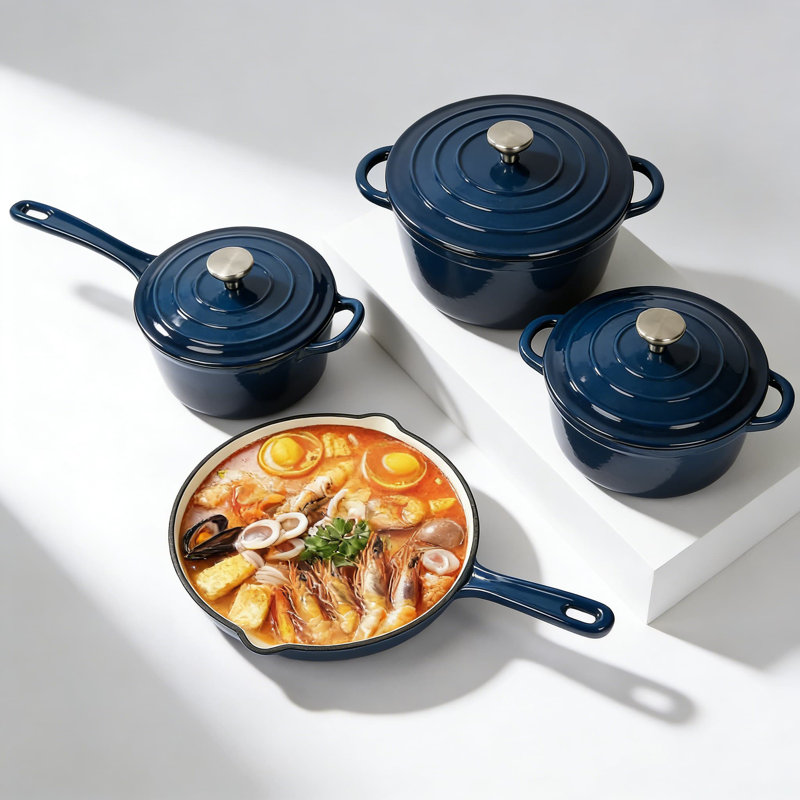 Batterie de cuisine en fonte émaillée avec couvercles, casseroles et poêles antiadhésives 7 pièces, allant au four jusqu'à 500 ° F pour la cuisson, le rôtissage et toute la cuisson sur la cuisinière