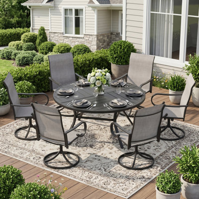 Holmstrom 6-Person Round Patio Dining Set With 360° Swivel PVC-Coated Polyester Chairs