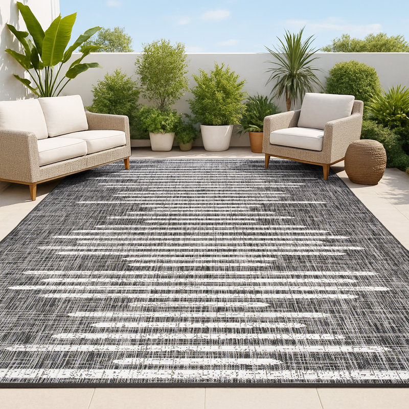 Edinburg Berber Stripe Geometric Black/Ivory Indoor/Outdoor Rug, Rectangle 3'11" x 6'