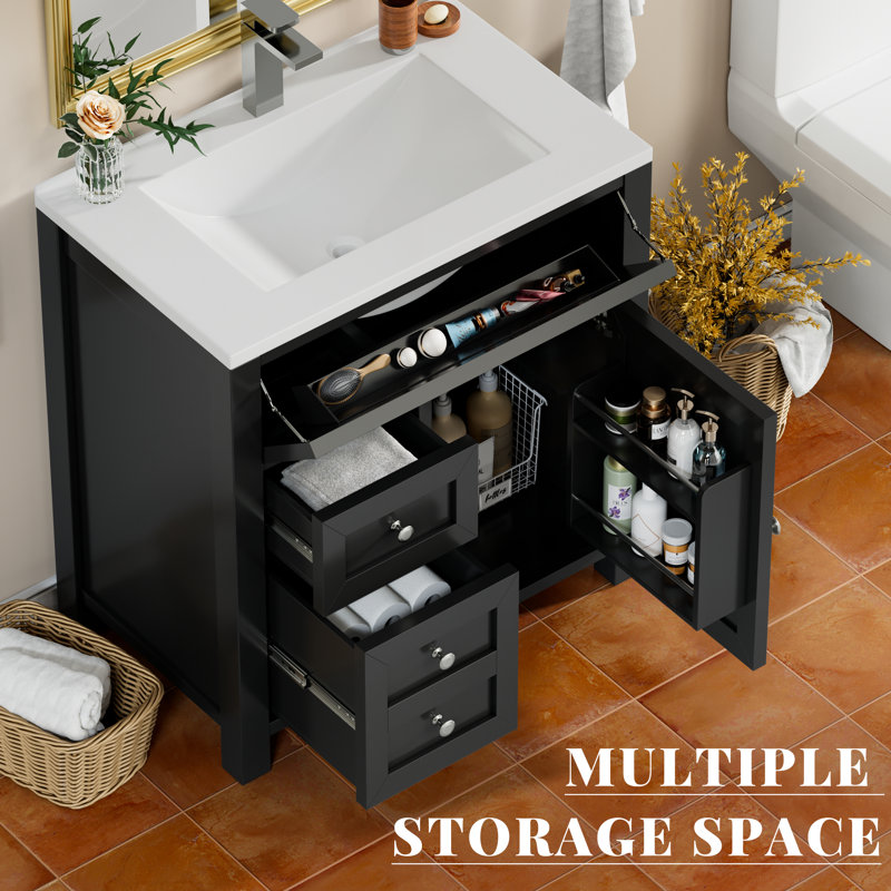 30'' Farmhouse Bathroom Vanity with Sink, Wood Stand Cabinet with Drawers, Multi-Functional Storage, Black