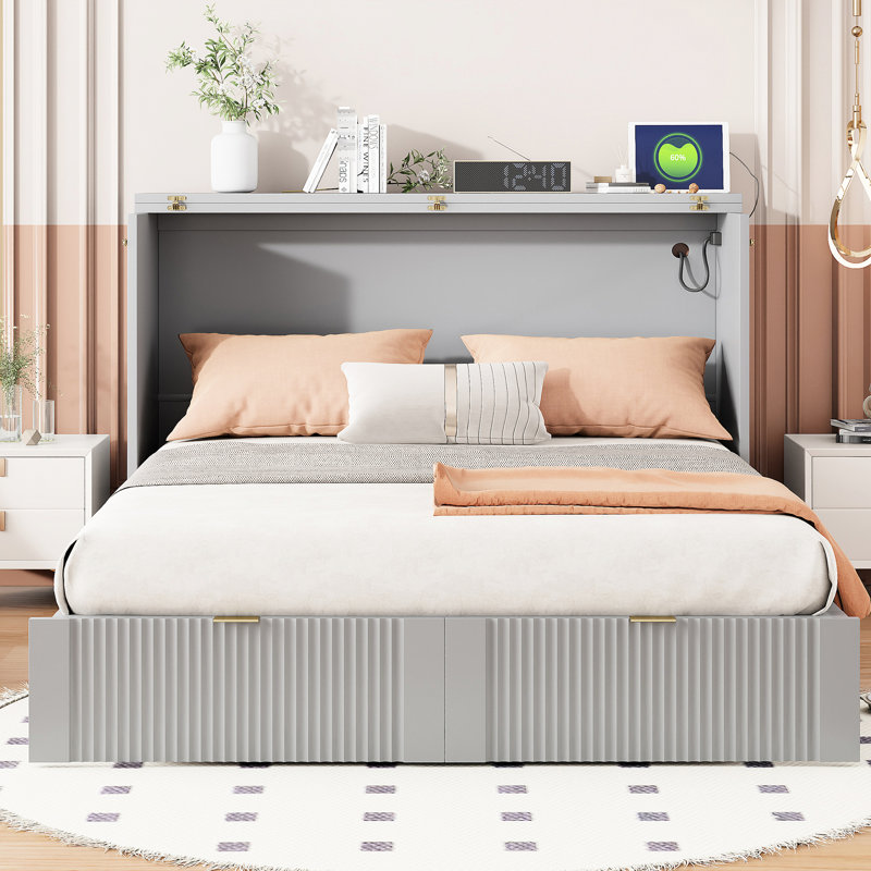 Lit double en gris avec tiroir et douilles pratiques / couleur grise pour un espace paisible, Gris, Lit double