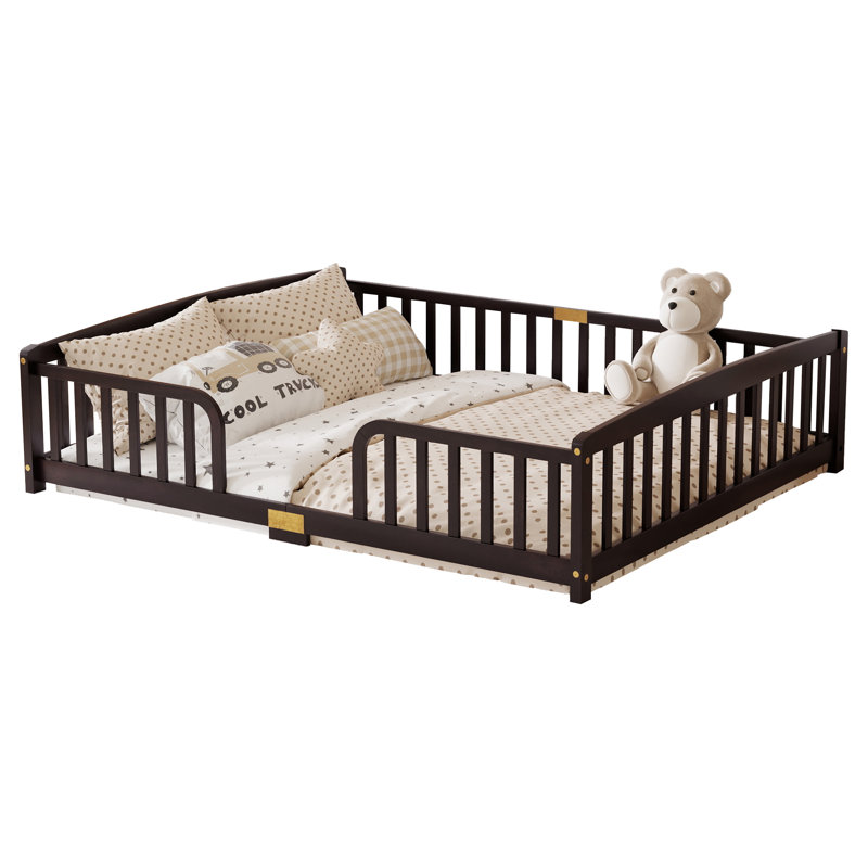 Lit de sol Montessori Queen Size, lit avec barrière de sécurité en pin et entrée centrale, couleur espresso, Espresso