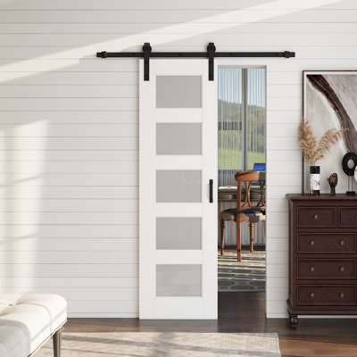 80''/84''/96'' Height, 5-Lites, Black/White, Glass Sliding Barn Doors with Installation Hardware Kit (Soft-Close Available)