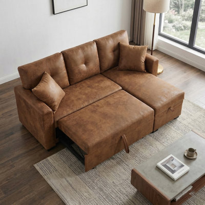76.5 " Caramel Sectional Sleeper Sofa With Pull Out Bed，L Shaped Couch With Reversible Storage Chaise
