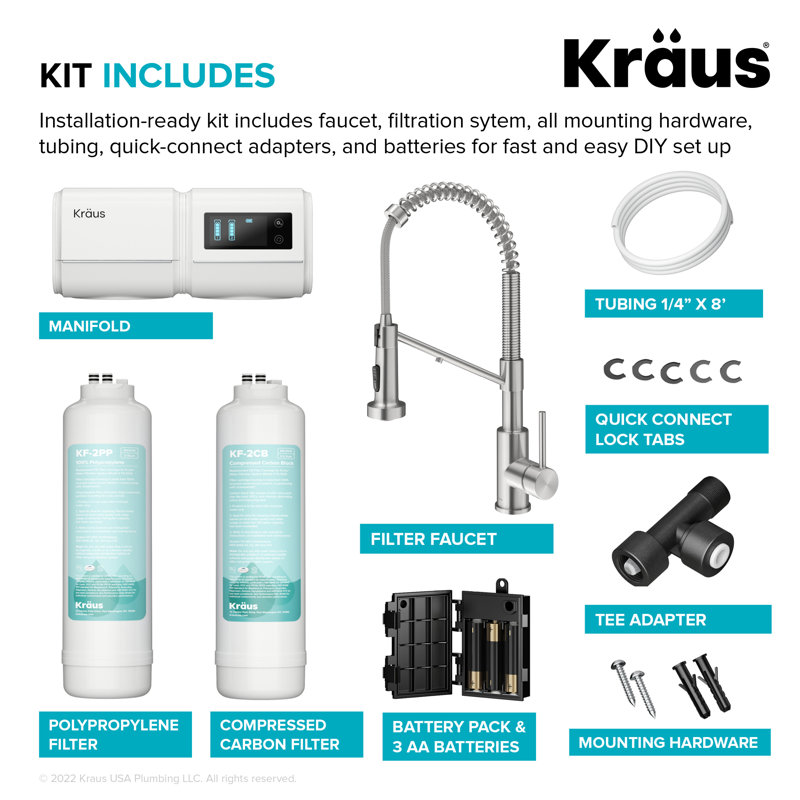 Robinet de cuisine KRAUS Bolden 2-en-1 de style commercial avec filtre à eau rétractable à poignée simple et sans tache avec système de filtration sous-évier Purita