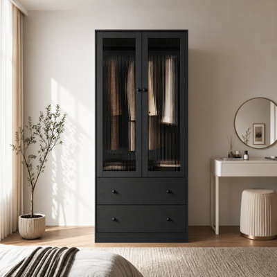 20" D Armoire Wardrobe Closet With Fluted Glass And Drawers, 71" H Clothing Storage Cabinet With Hanging Rod And Soft-Close Doors