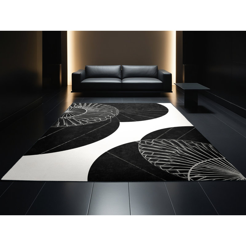 Machine Washable Pavla Art Deco Geometric Rug in Grey – Black Binding, 7 x 10