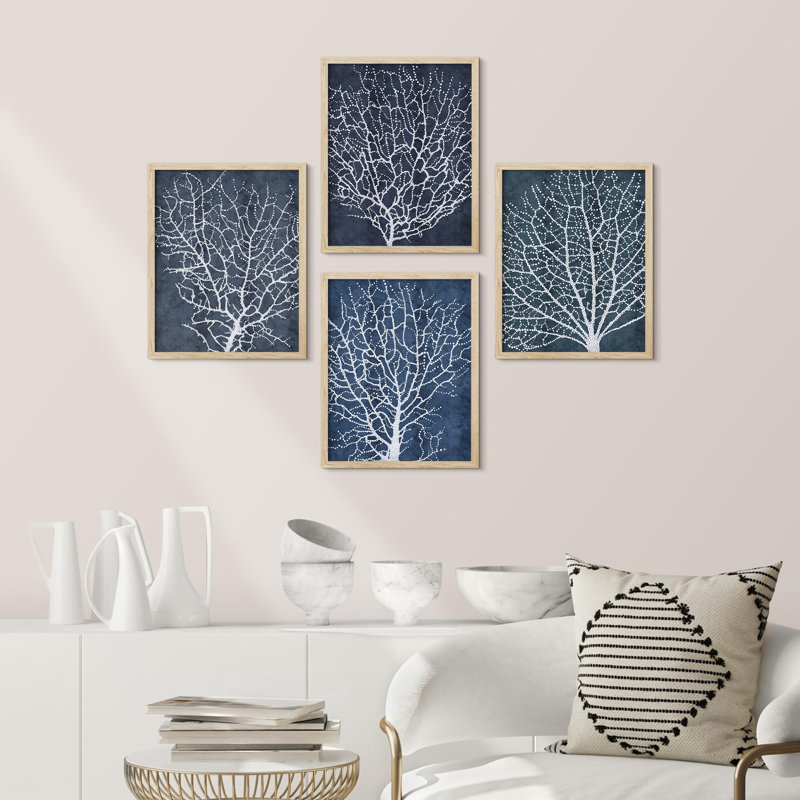 Arbres abstraits encadrés sur papier, impression de 4 pièces, Naturel, H 14 po x l 11 po