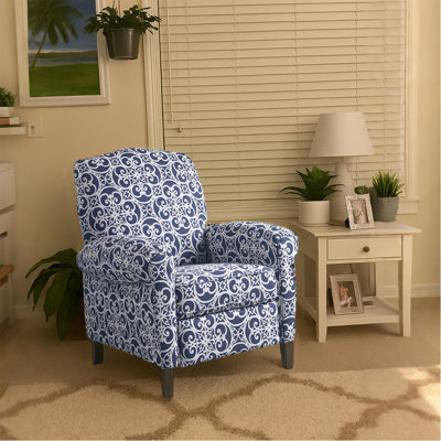 Fauteuil inclinable à dossier poussoir - Fauteuil inclinable classique avec tissu à motifs, accoudoirs à volutes et structure en bois massif pour le salon