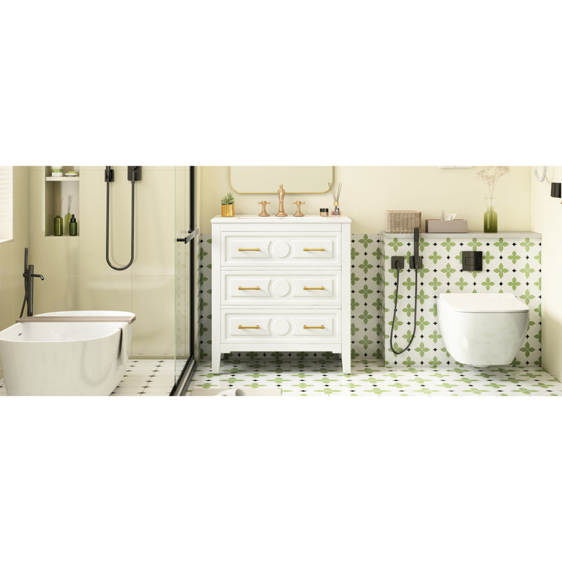 Meuble-lavabo de salle de bain blanc rétro 30 po avec structure en bois massif, charnières réglables à fermeture douce et cadre classique avec de grands tiroirs de rangement, poignée en métal doré, 3 pièces