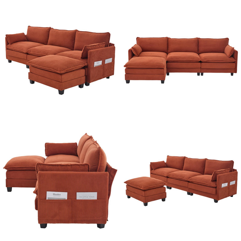 Canapé modulaire surdimensionné de 102 po avec repose-pieds mobile, canapé en velours côtelé à 4 places en L, canapé convertible en nuage avec deux poches latérales, canapé moderne pour le salon