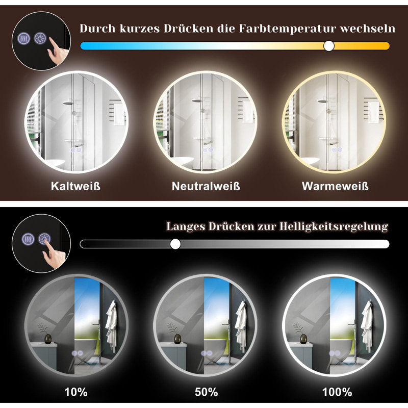 Bathroom mirror round touch with lighting dimmable 3000K-6500K wall mirror, 60 cm H x 60 cm W