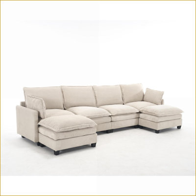 Canapés modulaires, canapé surdimensionné en U en velours à 6 places avec repose-pieds et amp; Coussins pour le salon | Velours beige