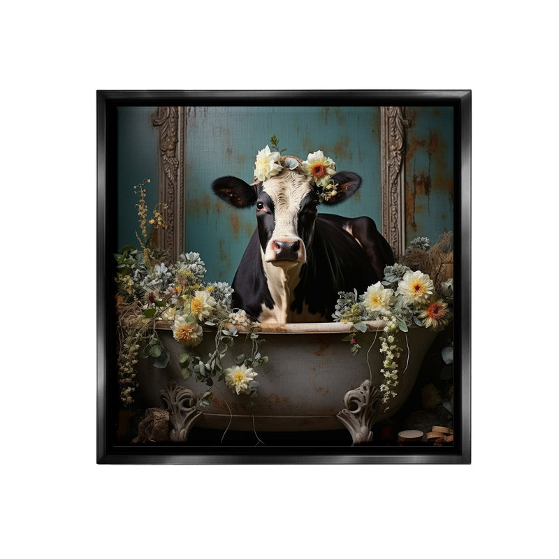 "Vache rétro dans la baignoire" par Lazar Studio sur toile, Cadre flottant noir de jais, H 18 po x l 18 po