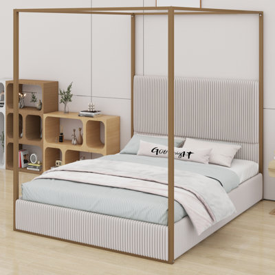 Modern Luxury Metal Canopy Bed With Tall Upholstered Headboard And Four Poster