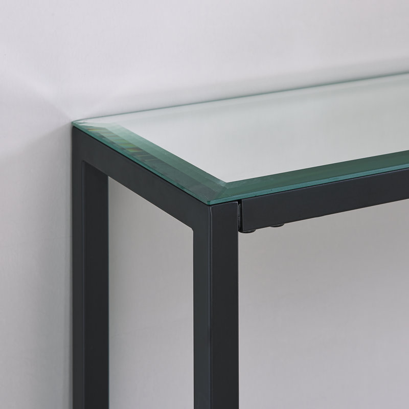 Console étroite et longue avec plateau en miroir Lathem, Noir, H 30 po x l 36 po x P 8 po