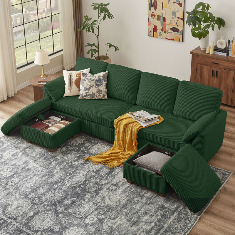 102.36" W  Corduroy  U Shaped Sectional Sofa, Green