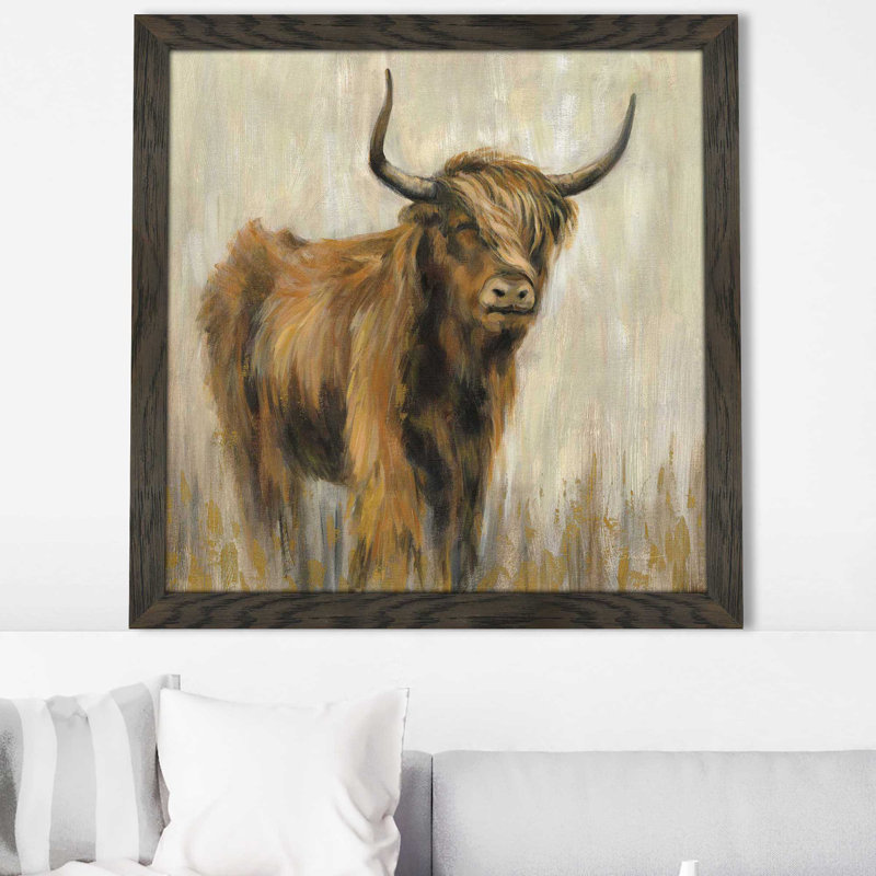 " Highland Mountain Cow ", Chocolate Distressed Framed, 37.5" H x 37.5" W x 1" D