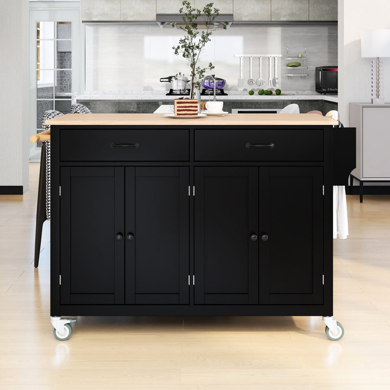 Kitchen Island Cart With Solid Wood Workbench, Black, 4 Door Cabinet Adjustable Shelves, 2 Drawers, Spice Rack & Lockable Mobile Transportable In Black Cabinet,