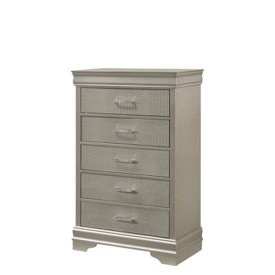 5-Drawer Tall Chest Modern 1Pc Beige Champagne Texture Finish Solid Wood Wooden Crystal Tufted Handle Bedroom Home Furniture by Alcott Hill