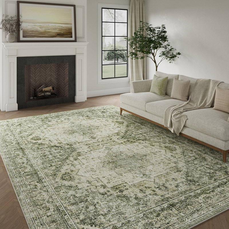 Tapis vintage lavable à la machine avec envers antidérapant Elaine, Rectangulaire 8 pi x 10 pi, Vert, 0.28"