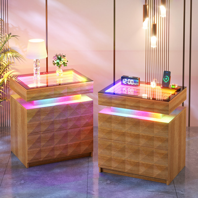 50cm W Bedside Table with 3D Mirror Abyss and Sensor RGB Lighting, 2-Drawer Bedside Table with Hidden Storage And Lockable