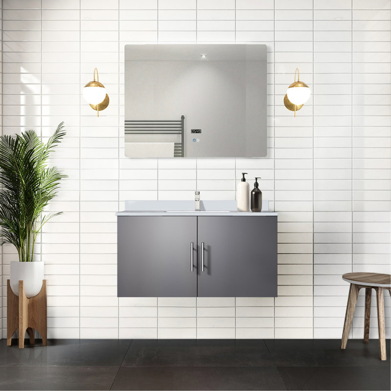 36 po Meuble-lavabo gris foncé avec comptoir en quartz, robinet, miroir à DEL - meuble-lavabo de construction durable et à teinture, comptoir blanc, robinet, modèle Scratch