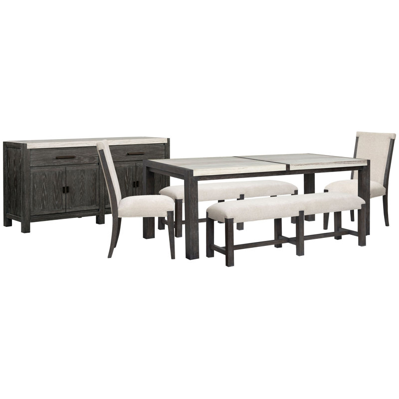 Rectangular Dining Table With 2 Benches 3 Side Chairs And Sideboard, 6 Pcs: Table, 2 Benches, Sideboard, 2 Chairs