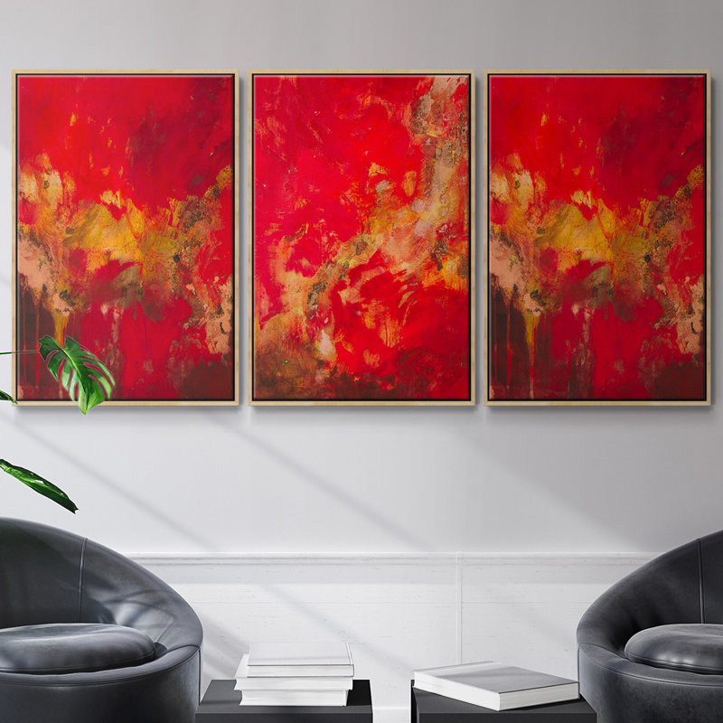Cuivre et rouge I, ensemble de 3 toiles encadrées sur toile, Naturel, H 27 po x l 54 po