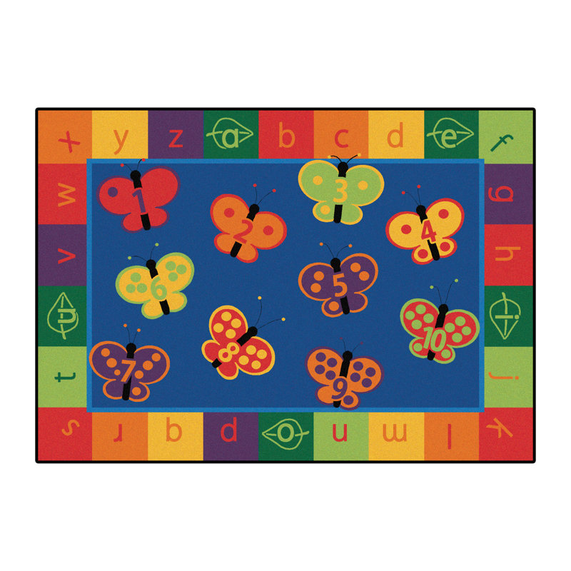 ABC 123 Butterflies Counting Literacy Tufted Blue/Red/Orange Classroom Area Rug, Rectangle 3'10" x 5'5"