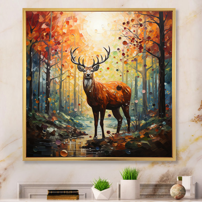 «Animal Deer Harmony in Forest II», reproduction sur toile tendue, H 36 po x l 36 po, Cadre flottant doré