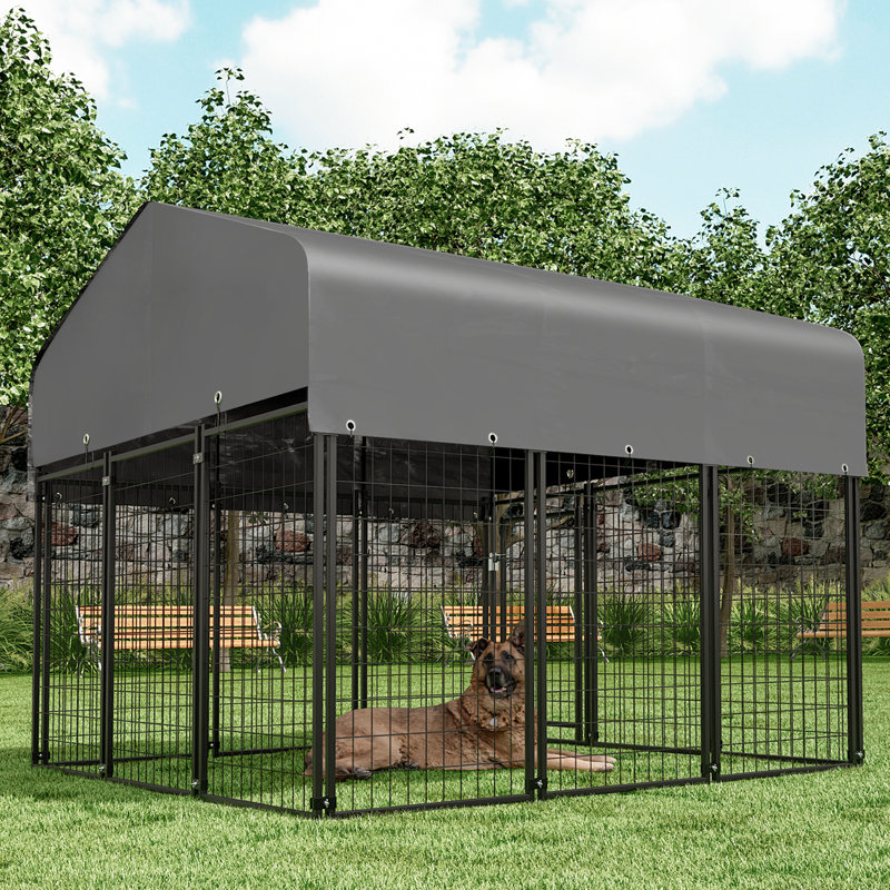 Large Black Steel Outdoor Dog Kennel with Waterproof Cover