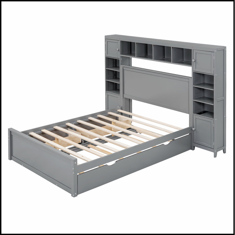 Lit en bois avec rangement intégré, tablettes et prises de recharge pour plus de commodité et de confort, Gris