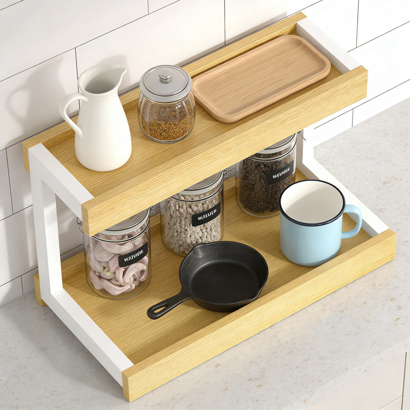Étagère de rangement à 2 niveaux pour comptoir de cuisine, salle de bain, bureau, bois rustique et métal avec cloisons de sécurité