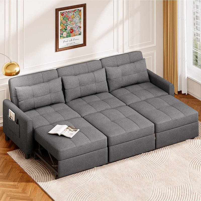 Functional Linen Adjustable Sectional Sofa Bed with 2-5 Seat Options and Storage Pockets, 3, 33.7" H x 84.3" W x 68.9" D