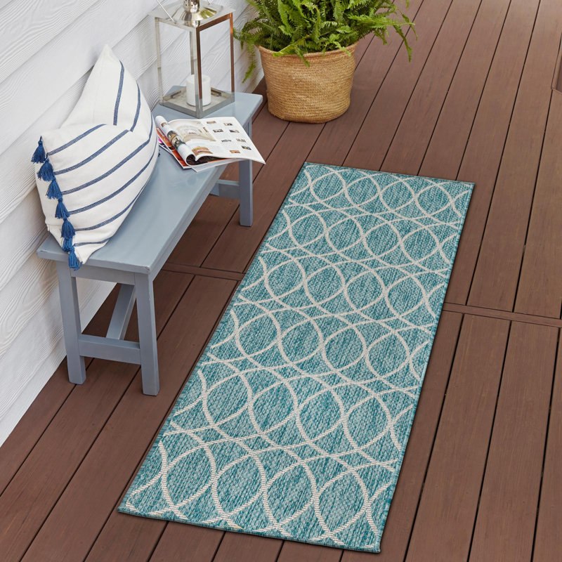 Light Aqua Gitter Indoor/Outdoor Trellis Rug, Runner 2'11" x 10'