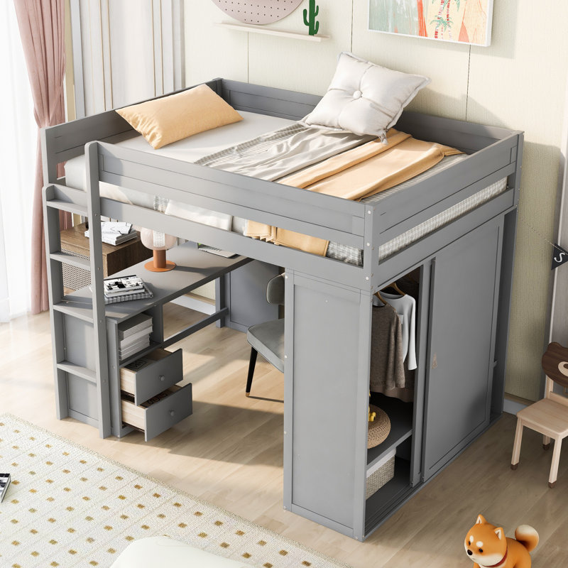 Lit mezzanine double gris avec placards et bureau à 2 tiroirs - Lit mezzanine pour enfants avec armoire et rangement